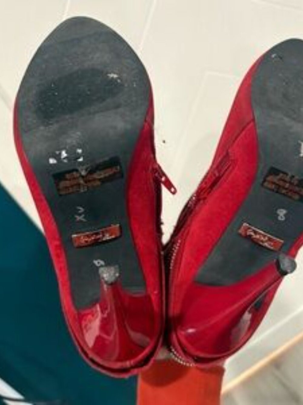 Red Faux Suede Y2K Pointed Toe Stiletto‎ Ankle Booties Side Zipper Heels Size 8 - Picture 5 of 10